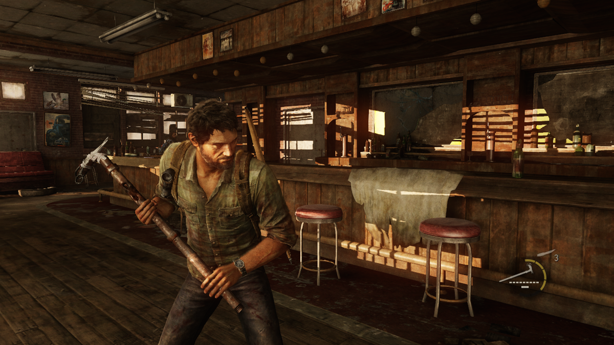 The Last of Us (PlayStation 3) screenshot: Upgraded melee weapons can instantly kill foes and they look quite formidable
