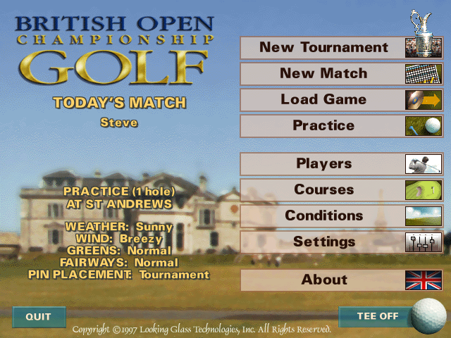 British Open Championship Golf (Windows) screenshot: The main menu. Pretty self-explanatory.