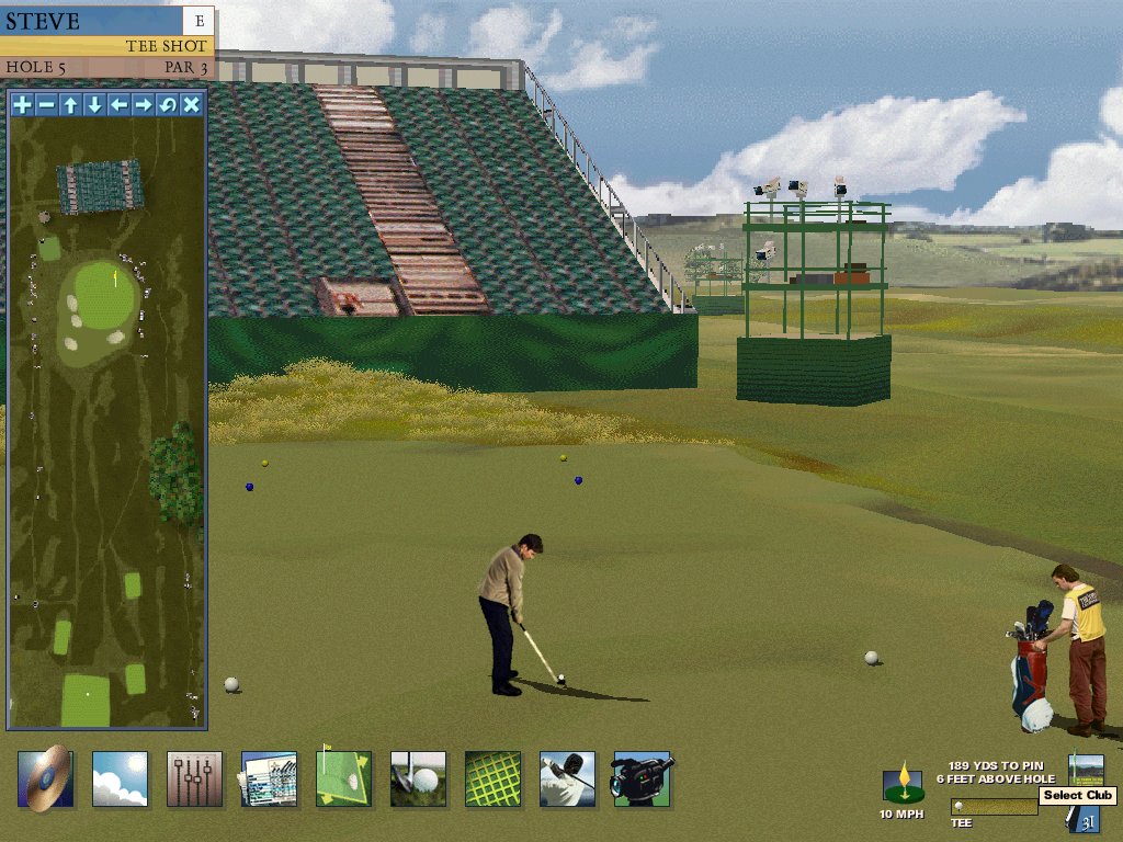British Open Championship Golf (Windows) screenshot: Who cares about rules? You can adjust your direction a full 360 degrees. How about a good shot at the stands?