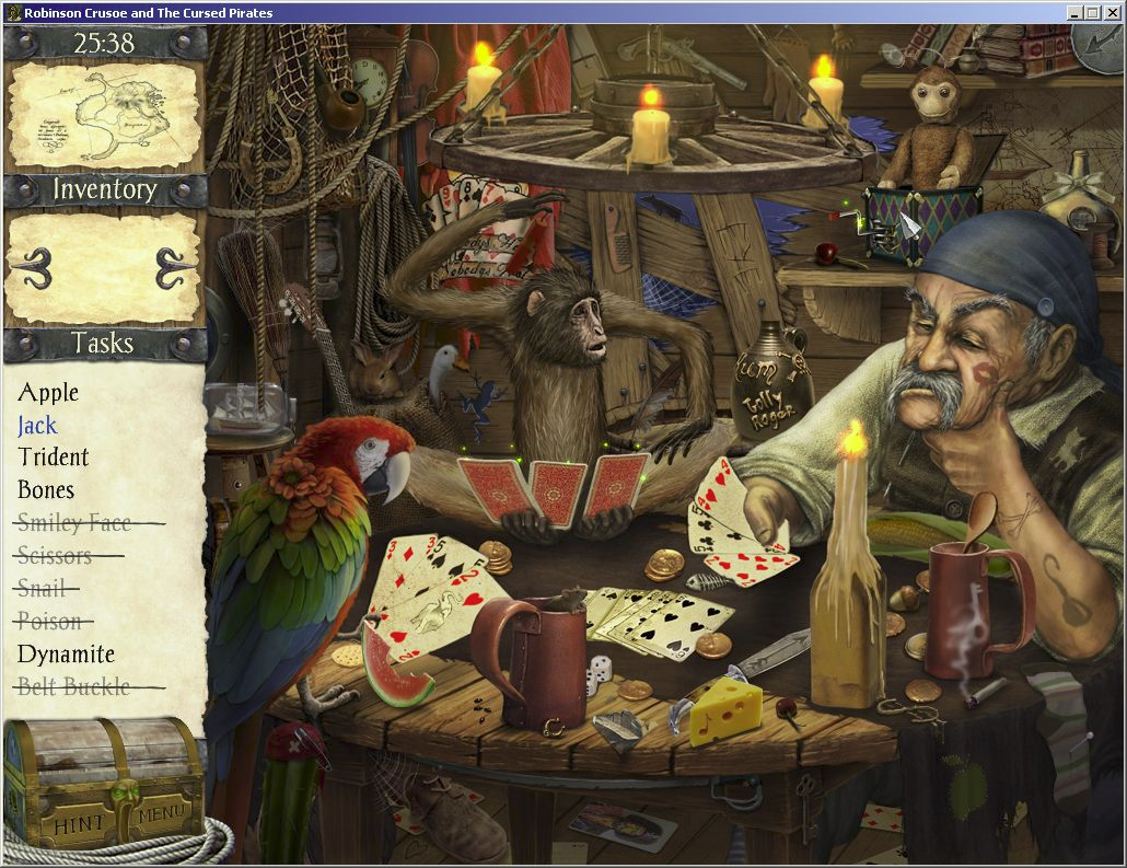 Robinson Crusoe and the Cursed Pirates (Windows) screenshot: Inside the first location. The pattern tends to be first find all of one item, then find all the items given on a list. The work 'Jack' is in blue so a puzzle must be solved to find it