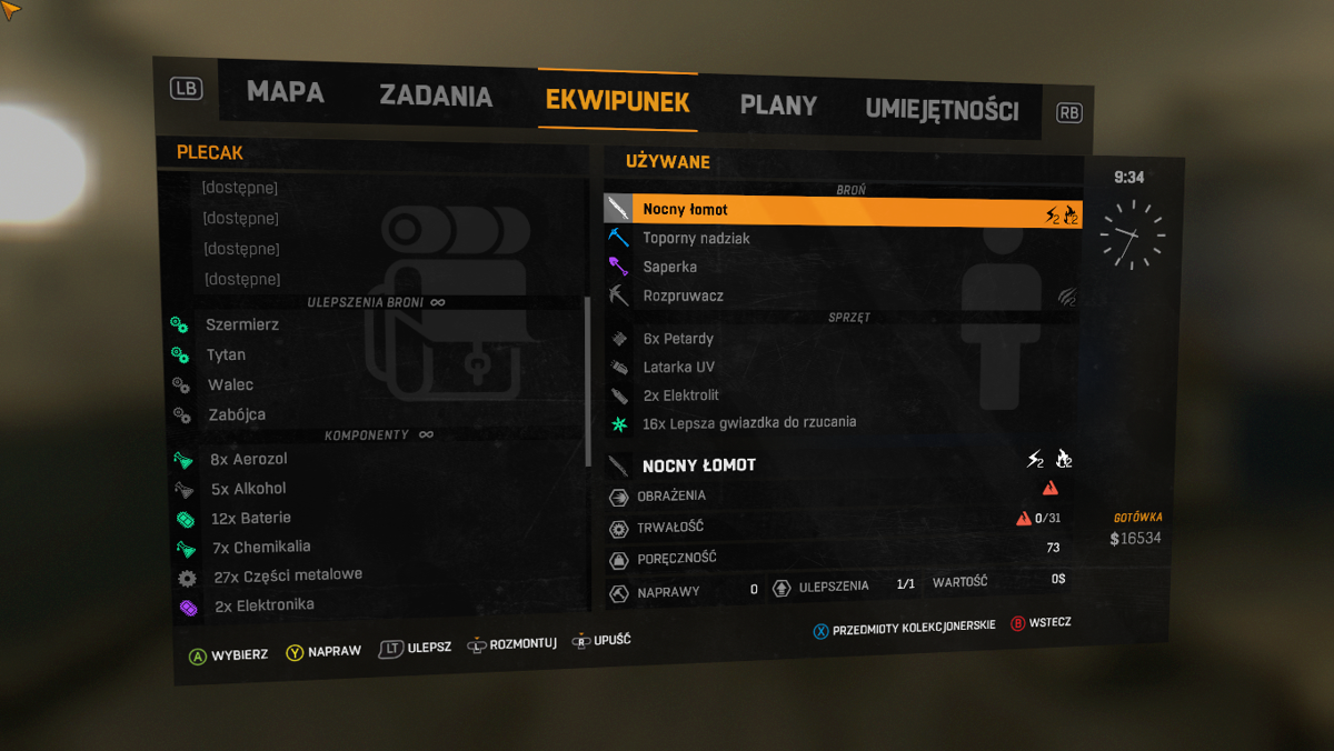 Dying Light (Windows) screenshot: Inventory (Polish version)