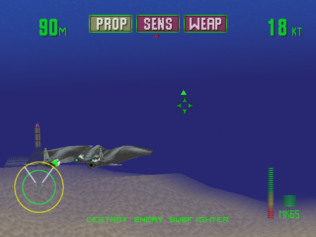 Tigershark (Windows) screenshot: Aha, an underwater missile base to my left.