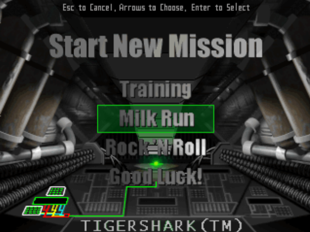 Tigershark (Windows) screenshot: The main menu, mission selection. Presumably this is what the cockpit of the Tigershark looks like.