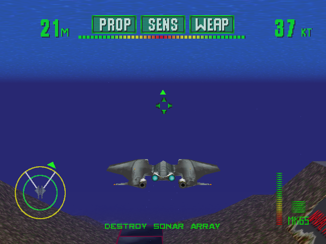 Tigershark (Windows) screenshot: Our vessel, seen from the outside aft end; there is no cockpit. Below the surface, there is some enemy subs and installations.