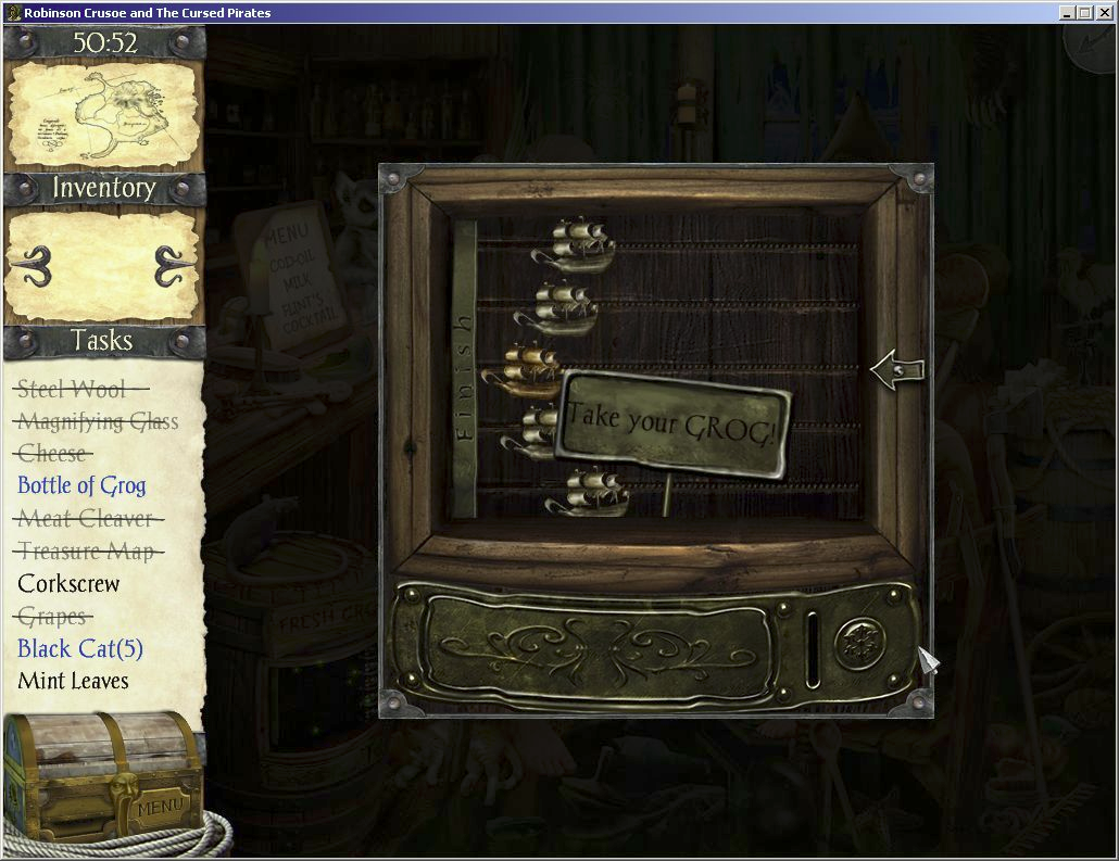 Robinson Crusoe and the Cursed Pirates (Windows) screenshot: An example of a mini puzzle. The list on the left says the player must 'find' a bottle of grog. That's the prize in this button mashing race game