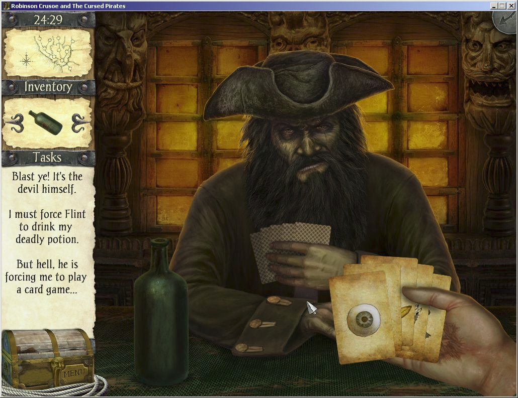 Robinson Crusoe and the Cursed Pirates (Windows) screenshot: After navigating the maze, solving more puzzles and equipping himself with some anti-voodoo stuff Crusoe finally gets to meet Flint. There's no fighting though, just a devious game of cards