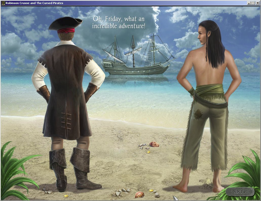 Robinson Crusoe and the Cursed Pirates (Windows) screenshot: The ending sequence. What I thought was a pretty girl on the right is actually Man Friday!