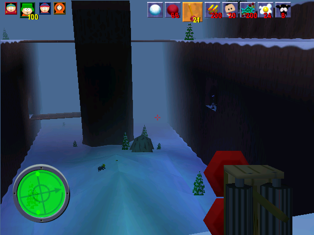 South Park (Windows) screenshot: That's a long way down, but luckily falling doesn't hurt you