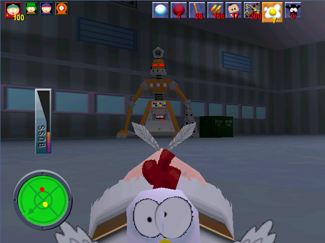 South Park (Windows) screenshot: Using sniper chicken on robot boss