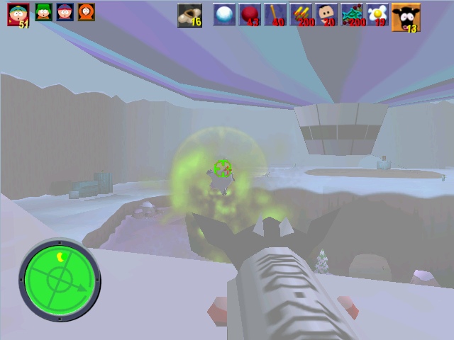 South Park (Windows) screenshot: Shooting aliens with the cow launcher (the strongest weapon in the game)