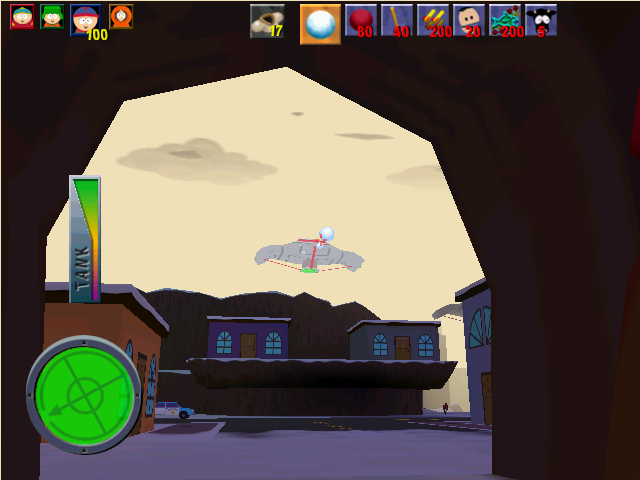 South Park (Windows) screenshot: Throwing snowballs at a UFO