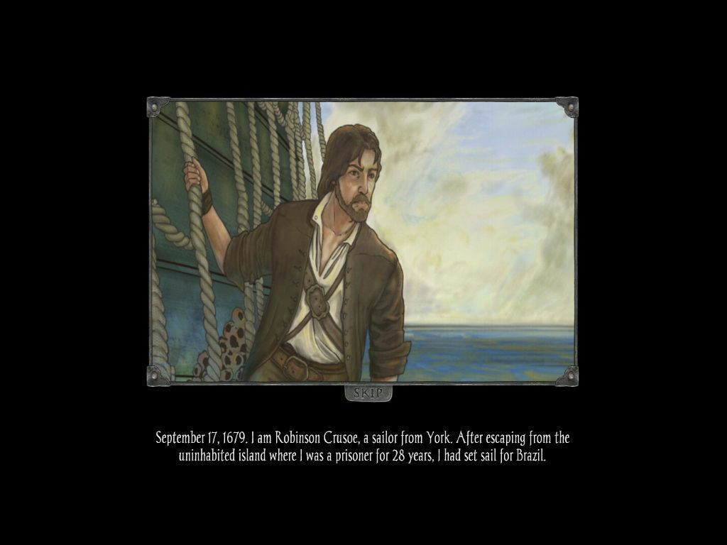 Robinson Crusoe and the Cursed Pirates (Windows) screenshot: The story behind the game unfolds through captioned storyboards at the start of each chapter. This is from the very start of the game. The text is not spoken, it must be read by the player