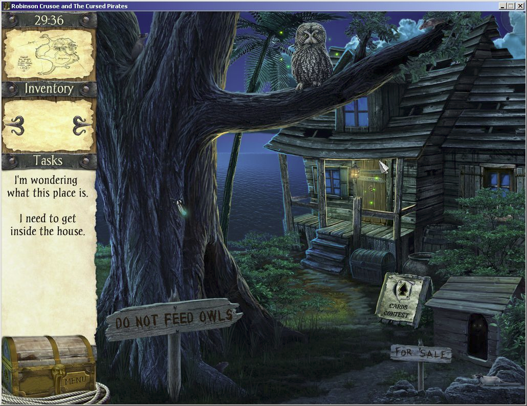 Robinson Crusoe and the Cursed Pirates (Windows) screenshot: One of the first locations. Anything that sparkles must be investigated. The door must be investigated because the player needs to open it but what can the owl help with ?