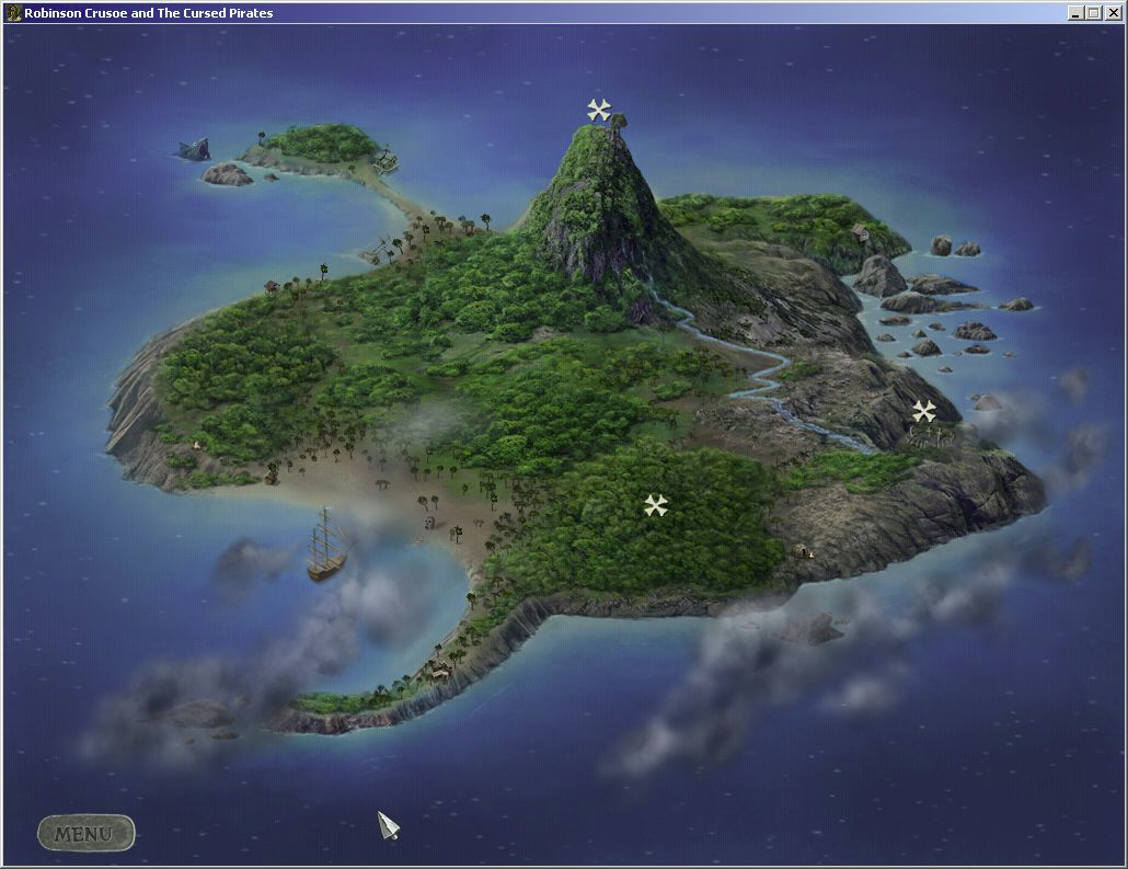 Robinson Crusoe and the Cursed Pirates (Windows) screenshot: This is the island Crusoe and the pirates are trapped on. In this chapter only three locations are active. A name is displayed when the mouse pointer rolls over them