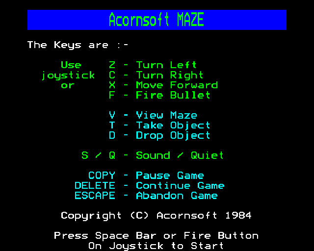 Maze (BBC Micro) screenshot: Main menu