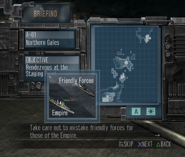 Naval Ops: Warship Gunner (PlayStation 2) screenshot: Before each mission there is a briefing section. This is the first mission so the operator is telling us how to spot the bad guys