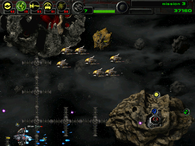 Astrobatics (Windows) screenshot: Some asteroids have enemy turrets on them which can only be destroyed by laser (as both, primary and secondary one).