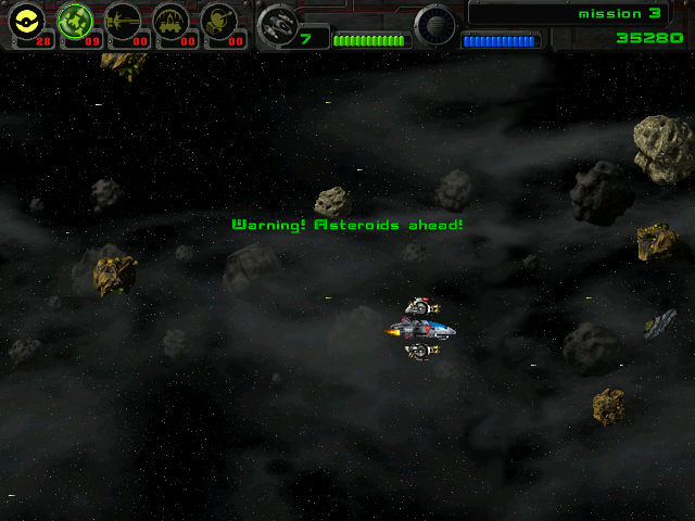 Astrobatics (Windows) screenshot: Warning! Asteroids ahead! Evasive maneuvers!