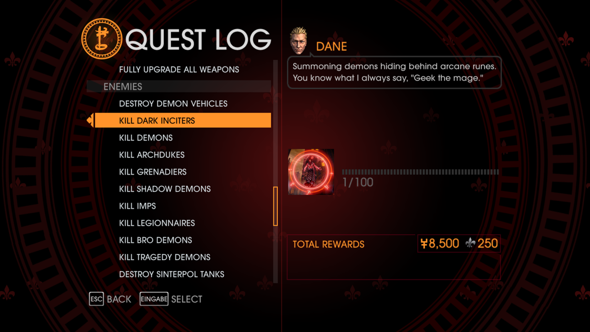 Saints Row: Gat Out of Hell (Windows) screenshot: The quest log shows all available activities and challenges