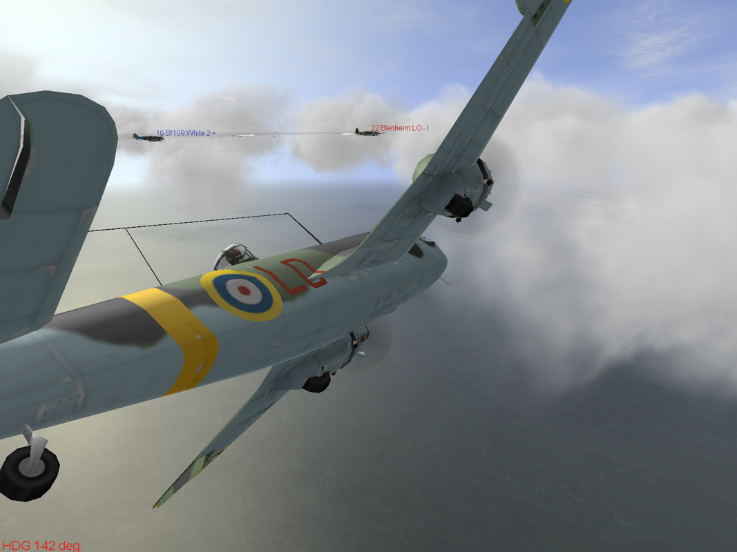 Forgotten Battles: Aces Campaigns (Windows) screenshot: Blenheim bomber being harassed by a Me-109 fighter.