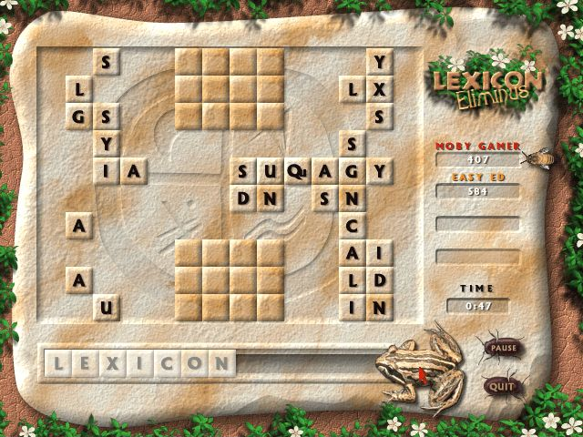 Lexicon Word Challenge (Windows) screenshot: Eliminus In this game players take letters from the grid to make up words. It is a timed game. Players click on the frog to end their turn
