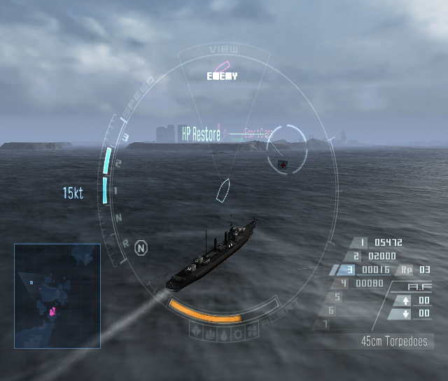 Naval Ops: Warship Gunner (PlayStation 2) screenshot: The ship has taken some damage so while there's a brief lull in the battle we'll pick up that health restore power up that's just ahead and to port