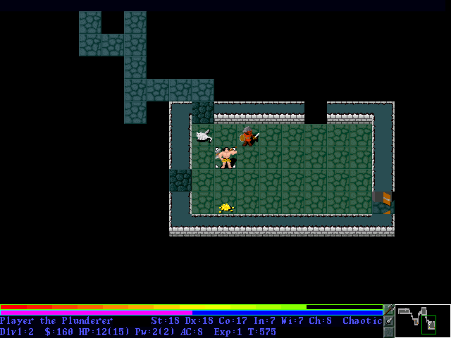 AllegroHack (DOS) screenshot: Early combat with a single monster.