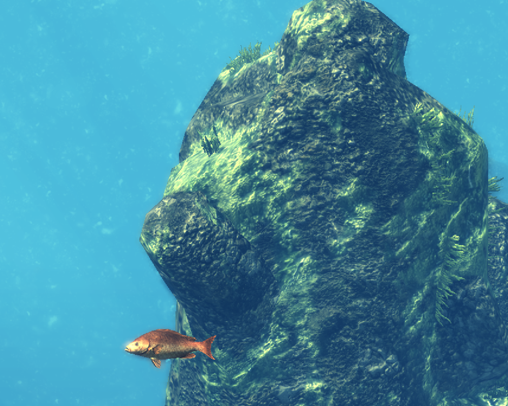 Depth Hunter: The Spearfishing Simulator (Windows) screenshot: It is possible to take in-game photographs. This is, I think, a red snapper. The fog effect works really well under water to give the impression of distance