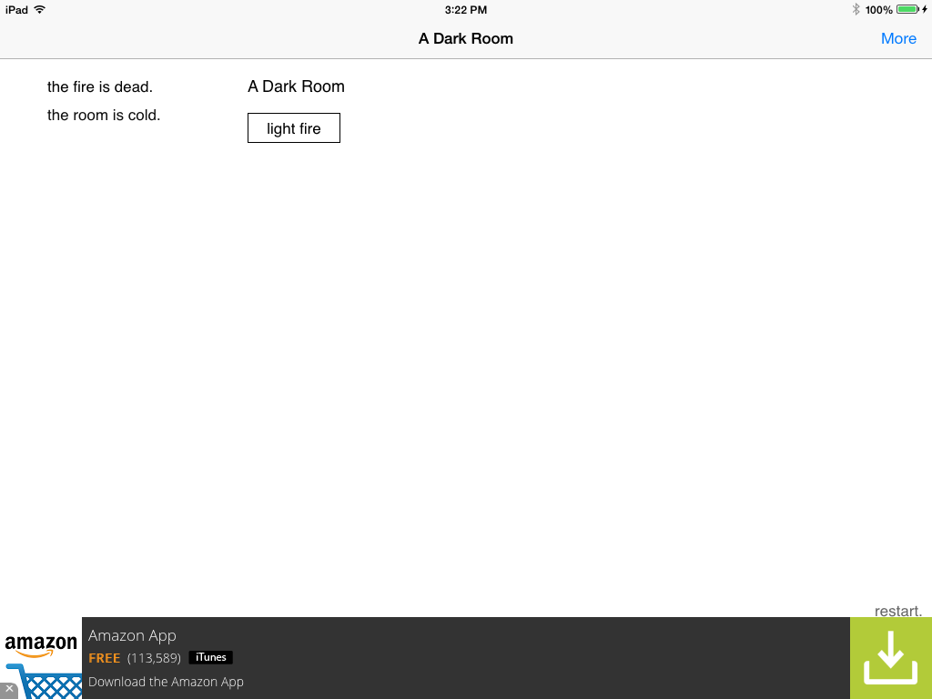 A Dark Room (iPad) screenshot: Starting location (free version)