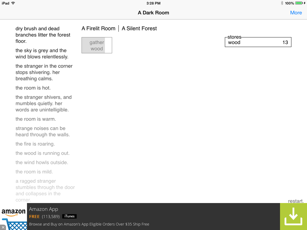 A Dark Room (iPad) screenshot: Gathering wood (free version)