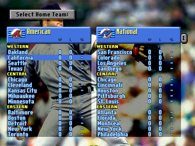 HardBall 5 (PlayStation) screenshot: Exhibition game. Team selection.