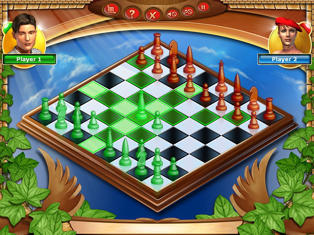 The World's Best Board Games (Windows) screenshot: A game of chess. Here the game is showing all the squares threatened by the player's queen.