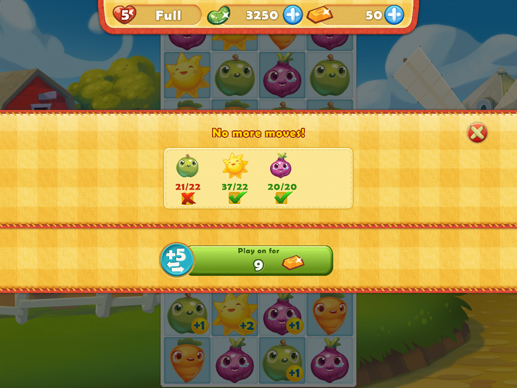 Farm Heroes Saga (iPad) screenshot: I ran out of possible moves on this level so I lost a life.