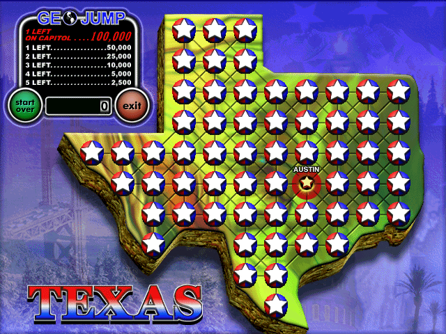Geo Jump (Windows) screenshot: Texas Great state, difficult puzzle