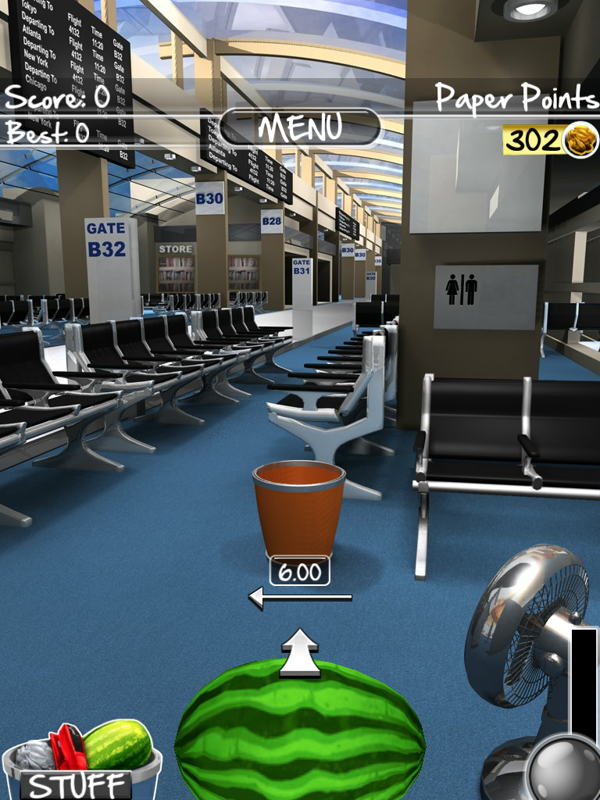 Paper Toss 2.0 (iPad) screenshot: Throwing watermelons at the airport