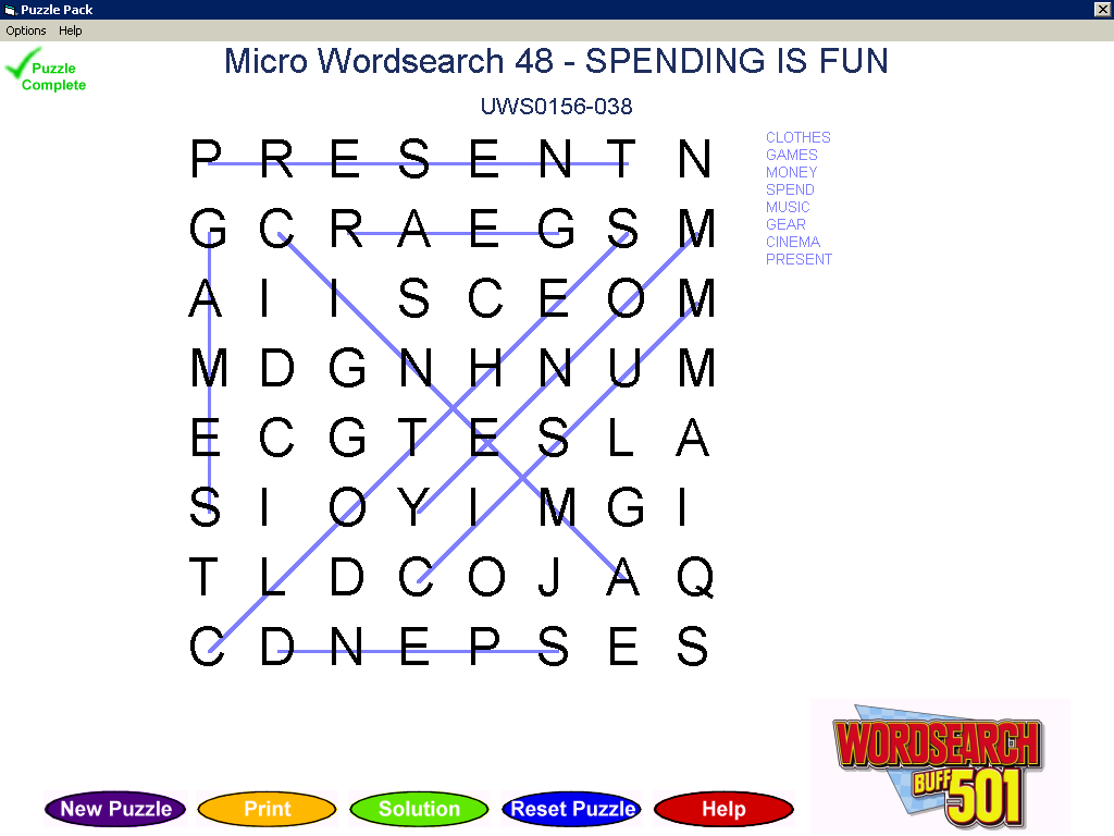 Wordsearch Buff 501 (Windows) screenshot: A completed puzzle. The only 'reward' is the green tick thing in the top left corner