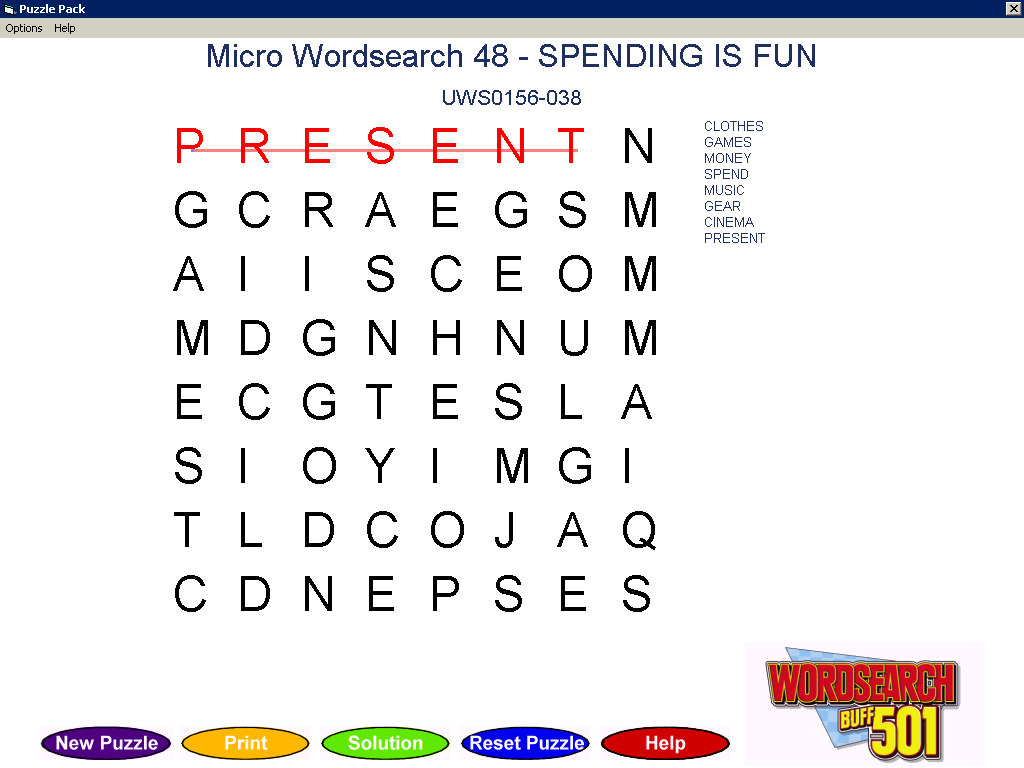 Wordsearch Buff 501 (Windows) screenshot: Here a word has been highlighted with the mouse. When the mouse button is released the letter colour will return to black and the line colour will become lilac