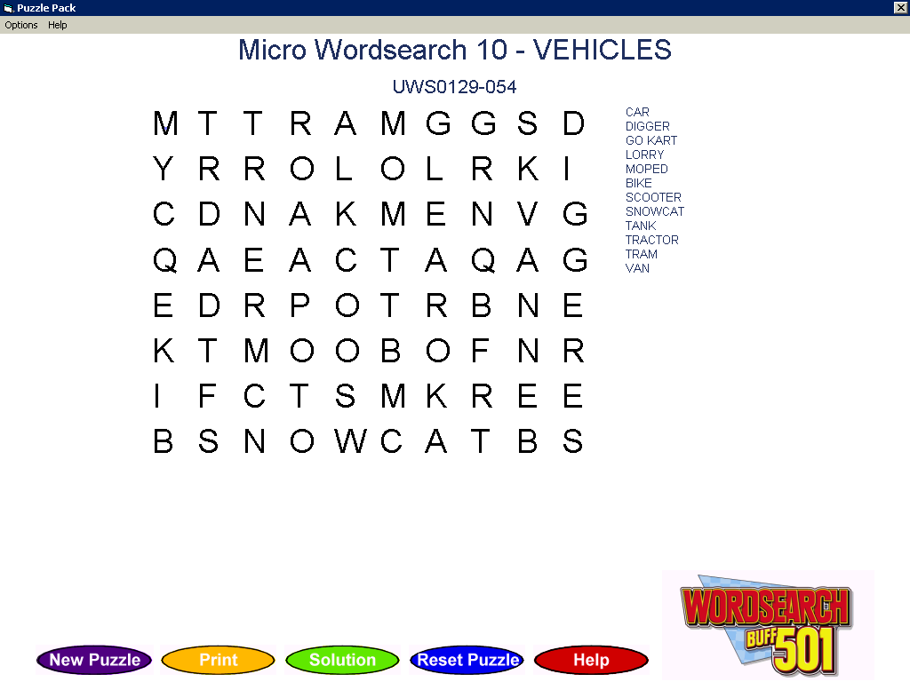 Wordsearch Buff 501 (Windows) screenshot: The smallest puzzle size of all, the Micro Wordsearch