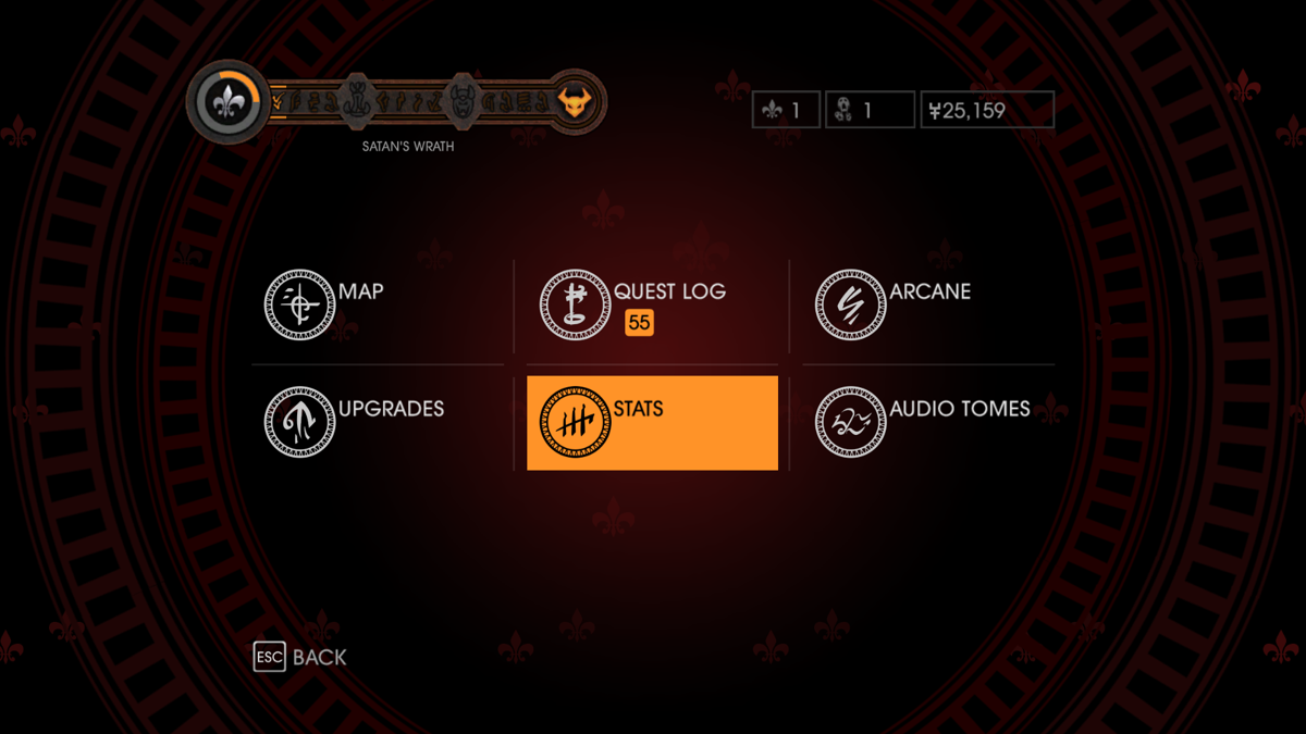 Saints Row: Gat Out of Hell (Windows) screenshot: In-game menu with a chaos bar on the top. It fills up when doing missions and is required to...