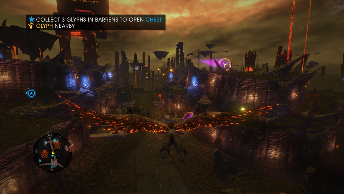Saints Row: Gat Out of Hell (Windows) screenshot: Those glowing glyphs are required to pick up in order to...