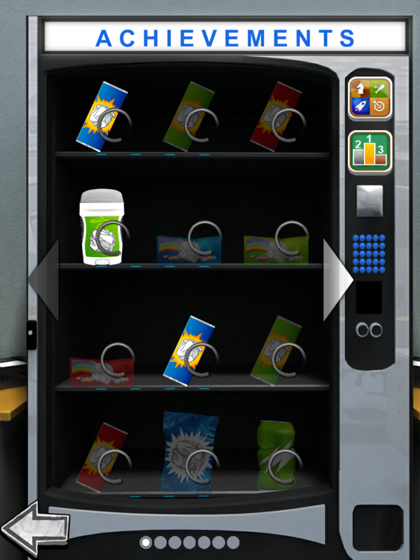 Paper Toss 2.0 (iPad) screenshot: The achievements are shown as items in the vending machine.