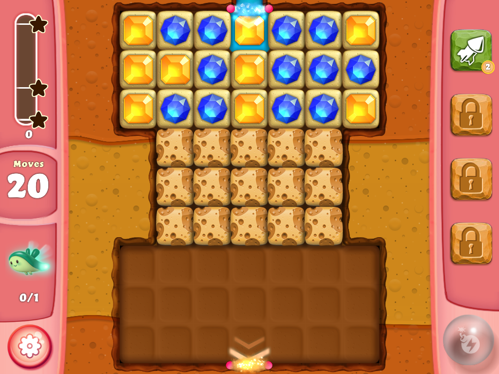 Diamond Digger Saga (iPad) screenshot: This level has thicker stone that requires a match be made next to them then match over the dirt to clear it.