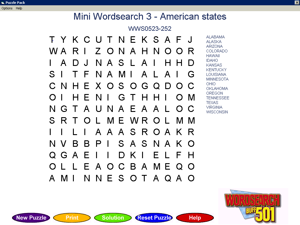 Wordsearch Buff 501 (Windows) screenshot: An example of a Mini Wordsearch This is smaller and there are fewer words to find