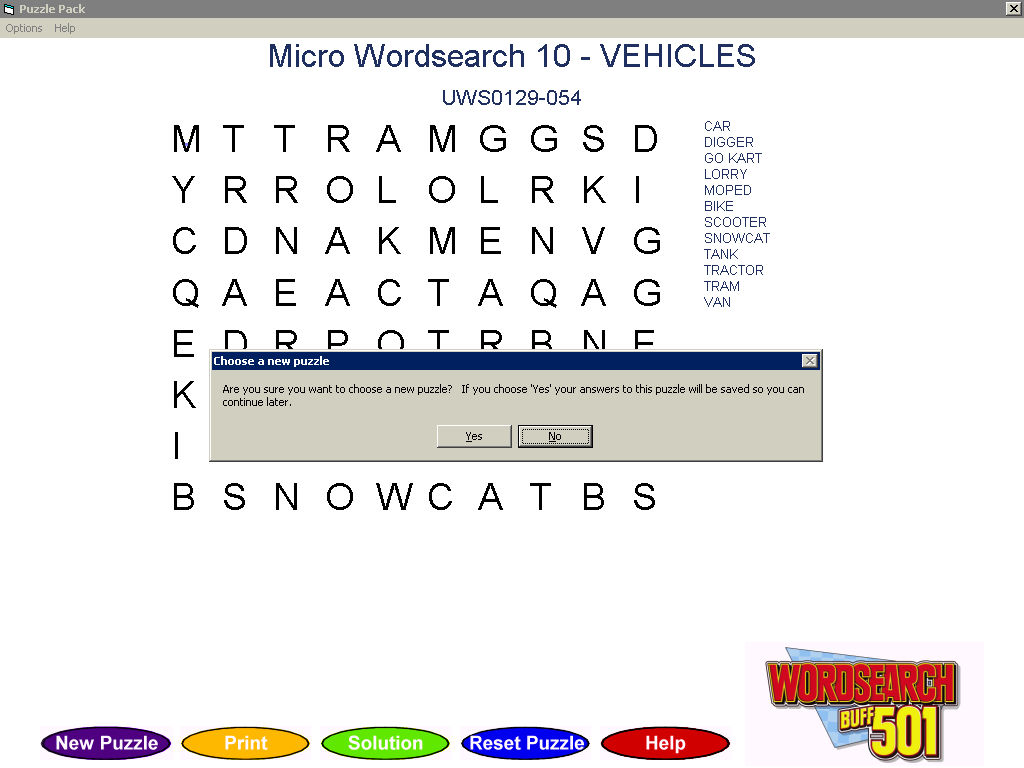 Wordsearch Buff 501 (Windows) screenshot: Answers are saved automatically on exit - even when none have been entered
