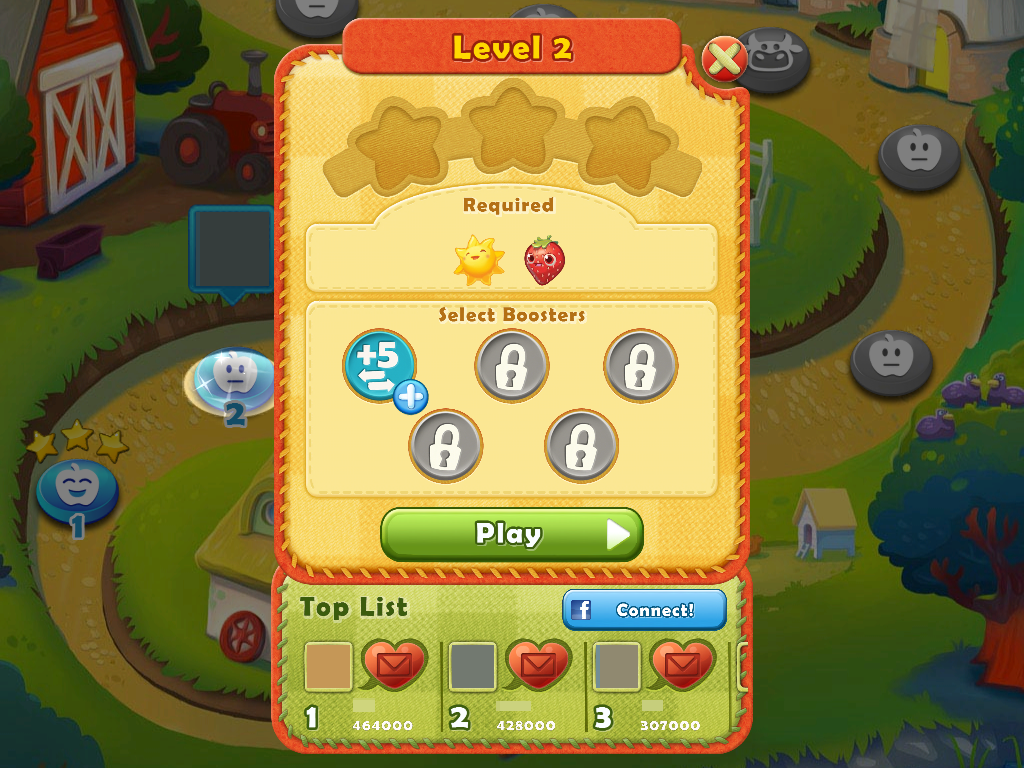 Farm Heroes Saga (iPad) screenshot: Starting level 2. I can select a five move booster. (pictures and names blurred for privacy)