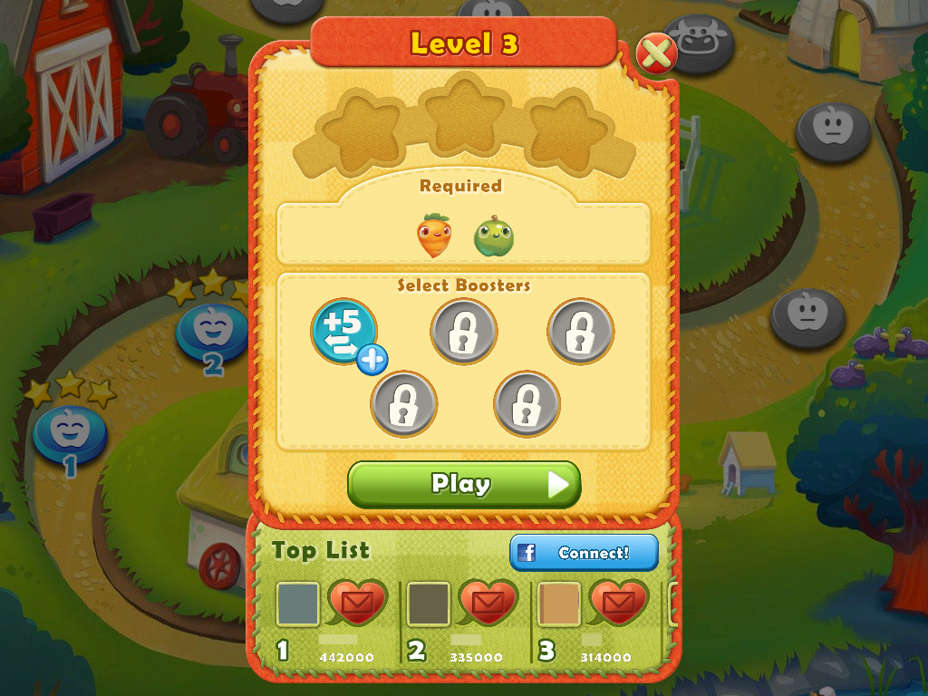 Farm Heroes Saga (iPad) screenshot: Level 2's after-level stats. (pictures and names blurred for privacy)