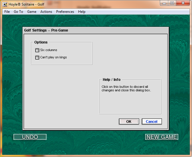 Hoyle Solitaire (Windows) screenshot: Some games, like Golf, have options that customise the game play