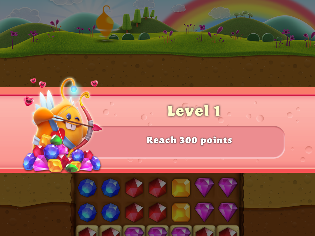 Diamond Digger Saga (iPad) screenshot: The goal for level 1 with Valentine's Day decorations