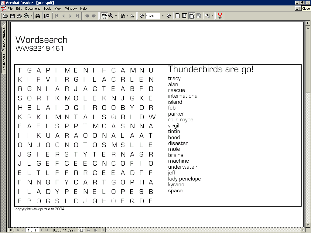 Wordsearch Buff 501 (Windows) screenshot: Puzzles are printed via Adobe Acrobat