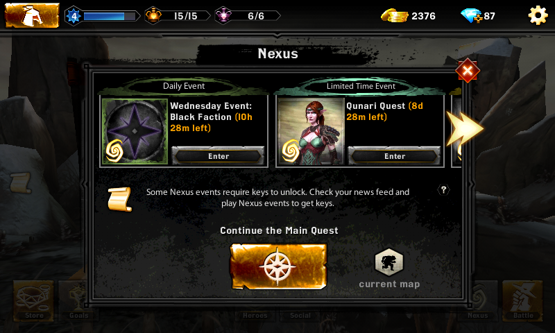 Heroes of Dragon Age (Android) screenshot: The nexus from where quests and events are accessed